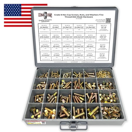 Boltsandnuts.Com Inch Grade 8 Hex Cap Screws, Nuts, and Washers Fine Thread Zinc Yellow USA Made Hardware - 575 PCS Assortment Kit #488